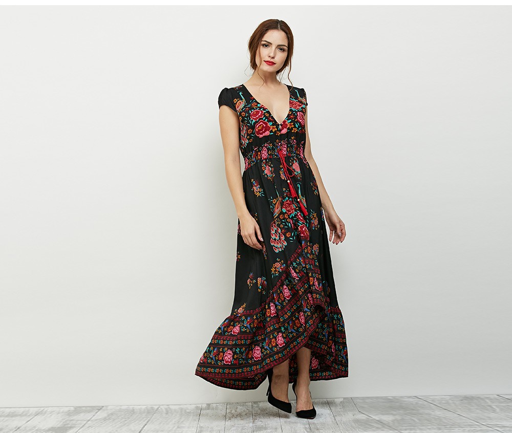 VESTLINDA Floral Print Maxi Dress Women Vintage A-Line Short Sleeve V Neck Empire Summer Sun Dresses Ankle Length Long Dress 13