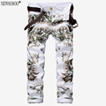 Newsosoo 2017 High quality elasticity white jeans men fashion Peacock pattern cowboy pants High street style