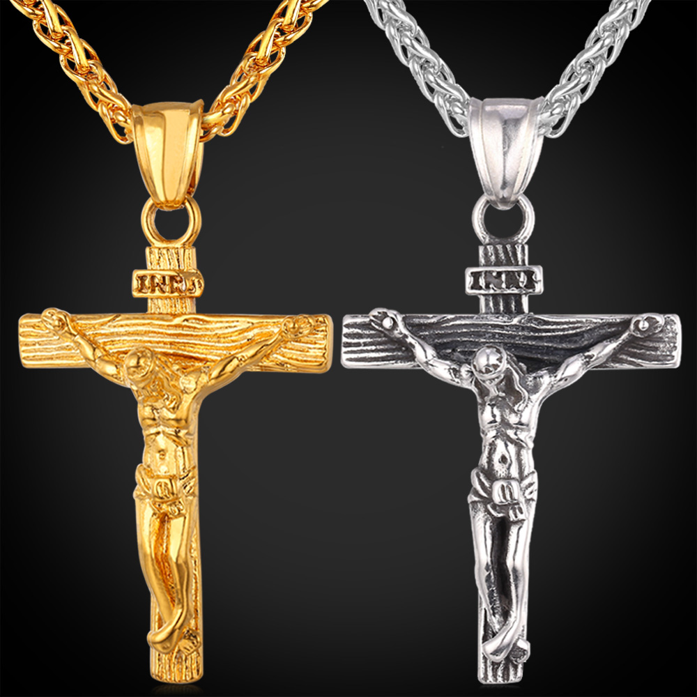 Gold Chain For Men Jesus Piece Trendy 18K Gold Plated Stainless Steel INRI Crucifix Cross Necklace