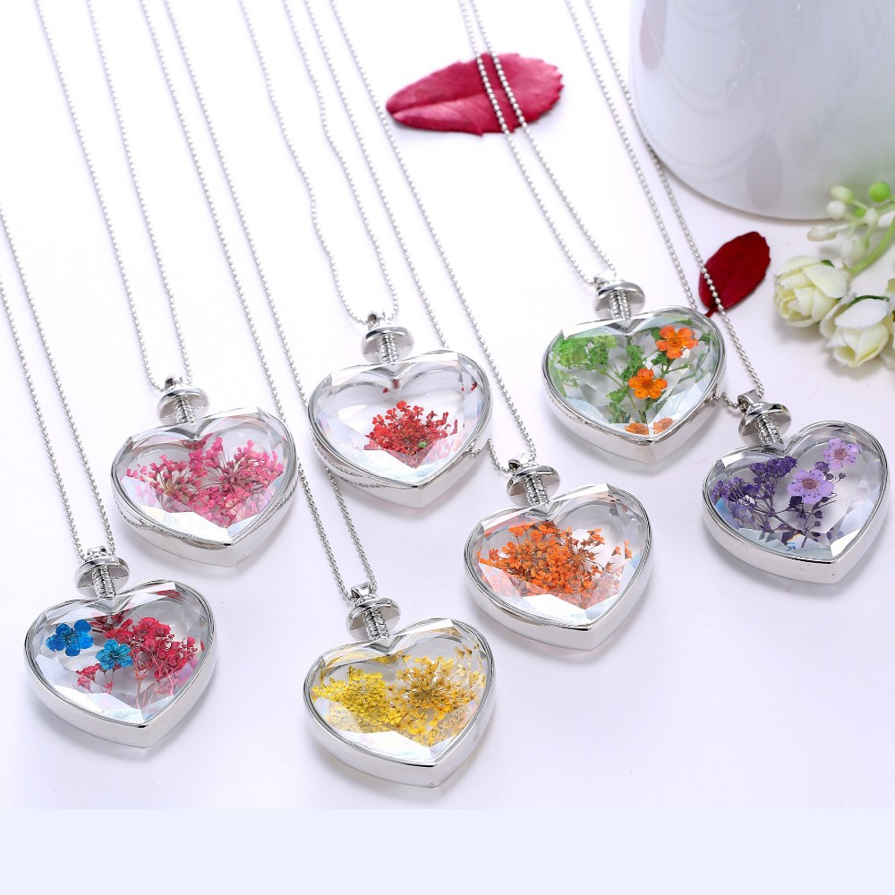 New Arrival Purple Dry Flower Glass Lovers Heart necklace for women,Fashion Silver Wholesale ladies Pendant Necklaces 2015