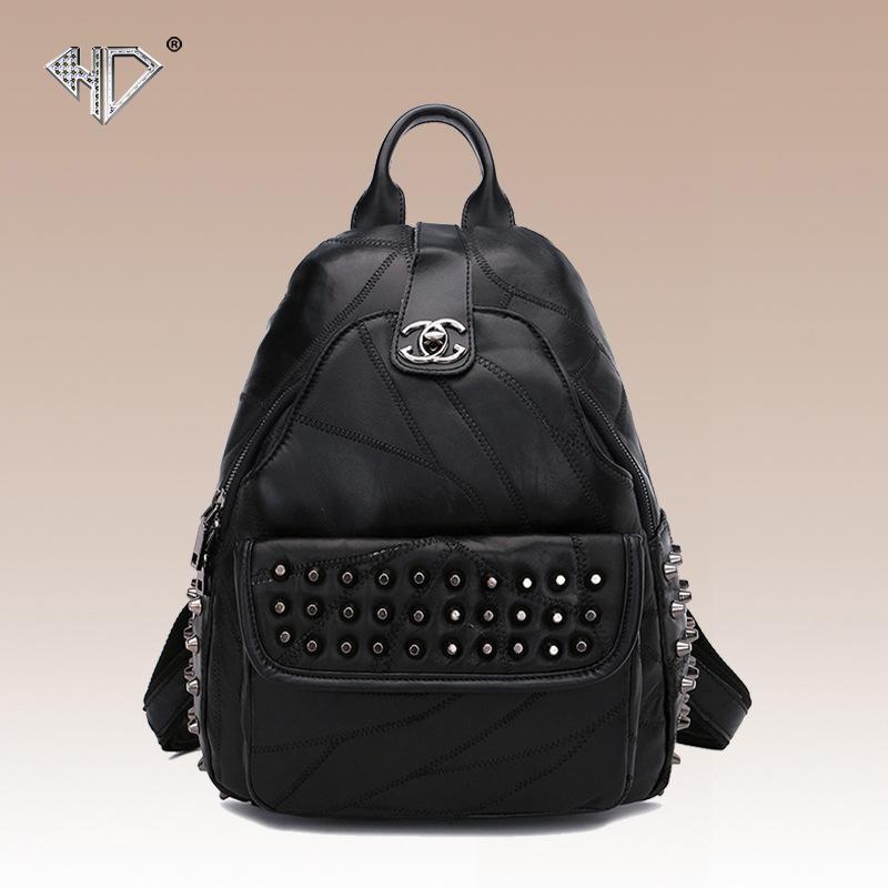 Black Soft Sheep Skin Leather Women Bag Ladies Backpacks With Punk Studs Girls Laptop Backpack Fashion Shoulder School Bags