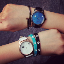 Stylish Fashion Star Planet Stainless Steel Shell Leather Quartz Watch Wristwatches for Women Men Male Female