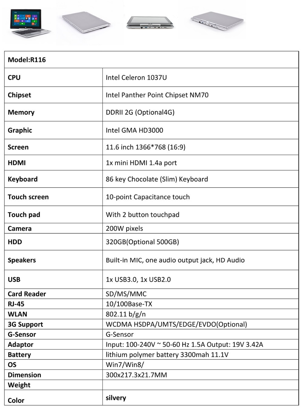 Specification for 11.6 Rotate Laptop0000
