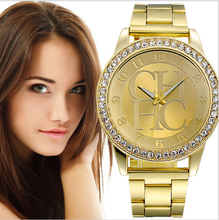 Relojes damas marca de lujo oro acero cuarzo ginebra Casual cristal del Rhinestone pulsera Relogio Feminino