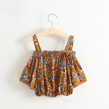 retail next new baby girls Korean kids tops pagoda sleeve Straight collar flowers Chiffon Halter tops striped children clothing