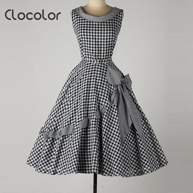 Clocolor Vintage summer spring fall women fashion dress Bow font b Plaid b font A line