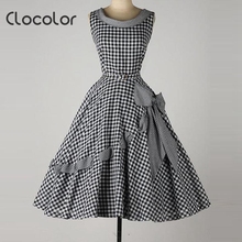 Clocolor Vintage summer spring fall women fashion dress Bow Plaid A-line Sleeveless 2016 hot sale vintage dress