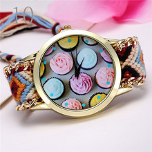 Reloj de ginebra marca mujeres Reloj de cuarzo tela del arco iris cualitativa correa de la aleación longitud ajustable de la flor relojes relógio Feminino