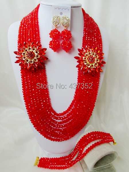 Amazing Long 26'' Red Crystal Costume Necklaces Nigerian Wedding African Beads Jewelry Set Free Shipping NC738