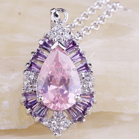 lingmei Free Shipping Water-Drop Women Pink White Topaz Amethyst 925 Silver Chain Necklace Pendant Fashion Jewelry Wholesale