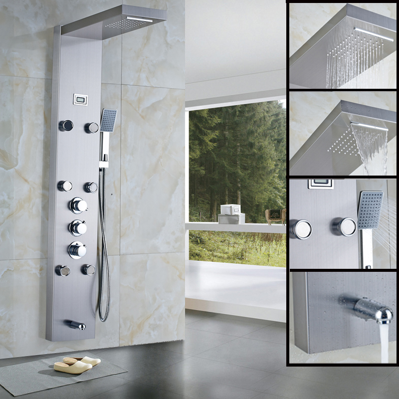 New Waterfall Rain Thermostatic Shower Column Body Massag Jets Hot and Cold Shower Panel Faucet with Temperature Digital Display