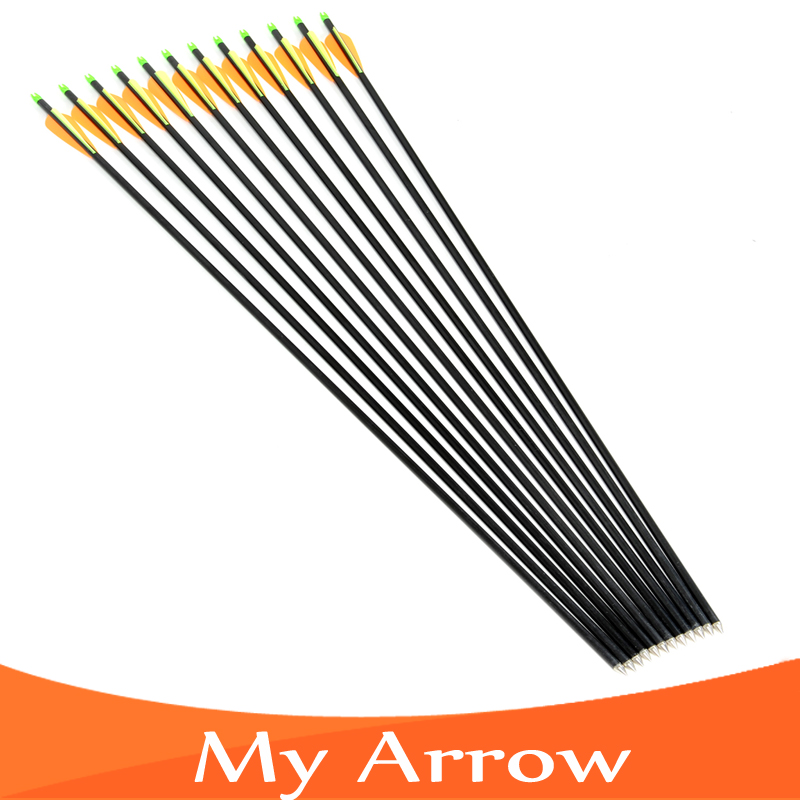 12pcs pack 32 Long Color Green Black Steel Point Fiberglass Hunting Arrows for Compound Bow Free