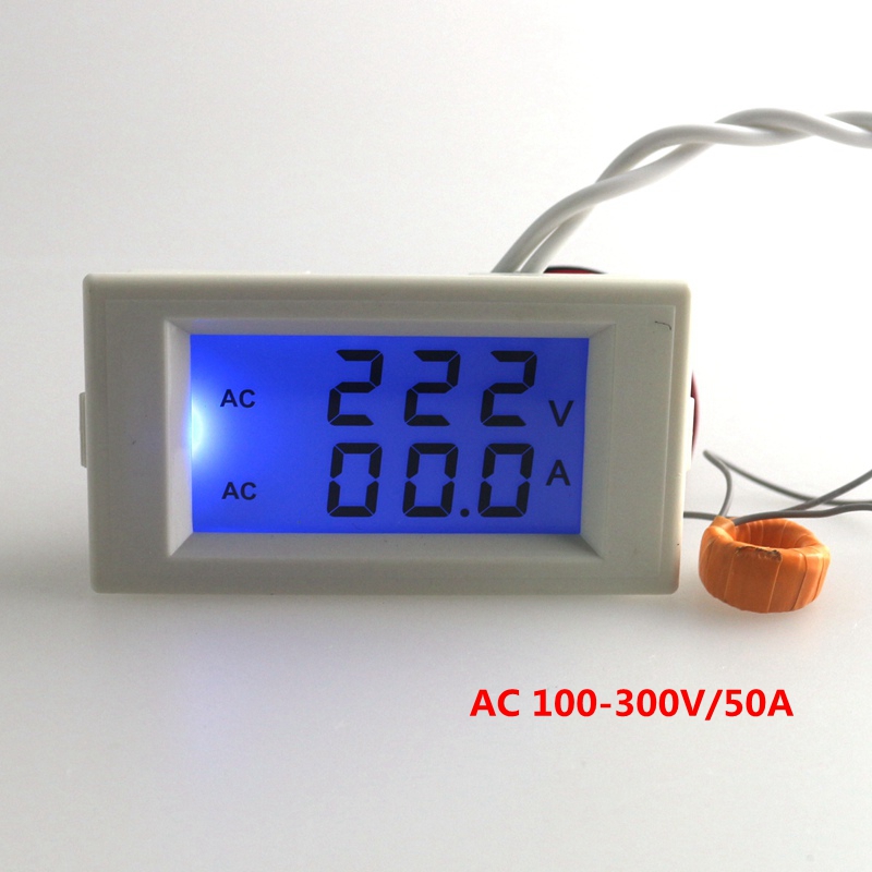 10PCS/LOT Blue LCD Digital AC voltmeter ammeter  AC 100-300V volt Voltage Meter Current ampere Panel Meter AC 0-50A B0040-10