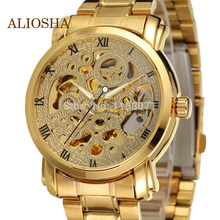 Aliosha Winner marca de lujo automático esquelético relojes para hombre con el oro plateado correa de acero inoxidable