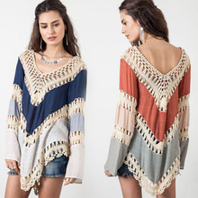 New 2016 Women Hollow Bikini Cover Up Blouse Tops Bohemian Style Crochet Lace Zig Zag Summer Beach Poncho Coverup Clothing Shirt
