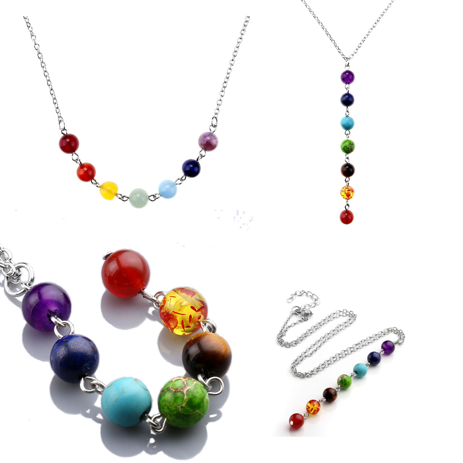 7 Gems Stone Beads Crystal Quartz Chakra Healing Point Reiki Chain