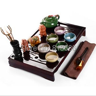 Glazed Crackle Ceramic Tea Set with Wooden Tea Tray Free Shipping