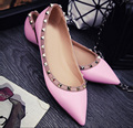 High Quality Genuine Leather Pointed Toe Rivets Women Low Heels Shoes Candy Color Patent Leather Shoes