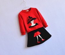 z6 Girl kid Queen High heeled Shoes Cartoon Embroidery blouse and Skirt terno roupa 2pcs set