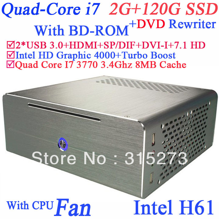 Новое поступление горячей мини-пк i7 3770 3.4 ггц маленькие компьютеры с dvd-rw bd-rom 2 г оперативной памяти 120 г ssd