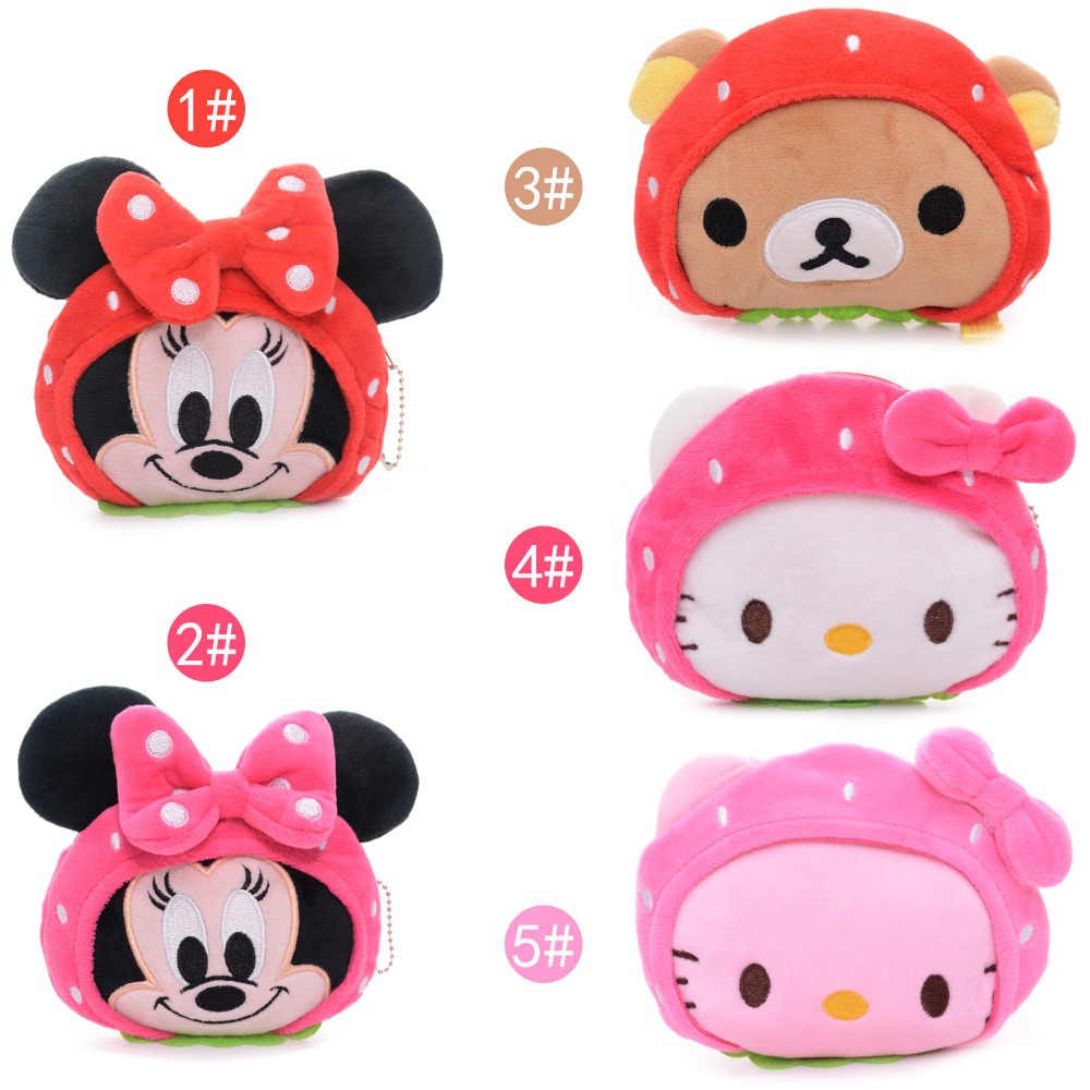 Lovely Desgin Cartoon Strawberry Hello Kitty Mouse Rilakkuma bear Plush Girls Kids Mini Coin Purse Wallet + Chain 5*4\'\' New