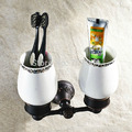 Oil Rubbed Bronze Top grade Double Ceramic Cup Toothbrush Holder Wall Mounted Toilet Brush Holder
