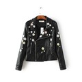 2016 New Fashion Women Punk Style Faux Leather Embroidery Zipper Pocket Bomber Jacket Long Sleeve Slim