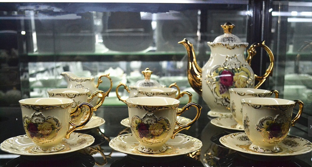 coffee tea set 15pcs drinkware ceramic Coffee gold tea cup saucer luxury European gift set Hotel