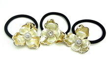 2 pcs Wholesale Gold Plated Alloy Flowers Shell Floral Hair Holder Black Rope Shinning Zircon Rhinestone