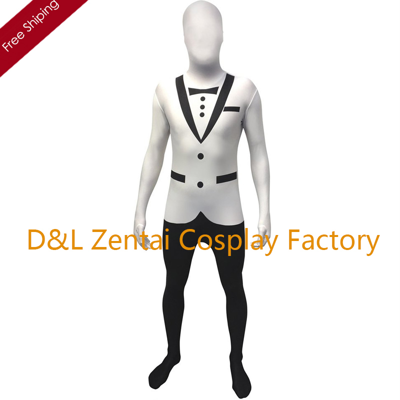 Free Shipping DHL Cool Adult White Genlteman Tuxedo SecondSkin Zentai Full Body Lycra Suit Super Hero Halloween Costume SP1832