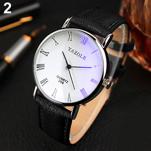 Quality Men Roman Numerals Blu-Ray Faux Leather Band Quartz Analog Business Watch