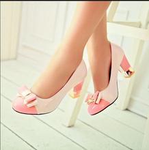 Free Shipping 2016 New Summer and Spring Women Pumps round toe High Heels bow color block decoration cute Women Shoes High Heels