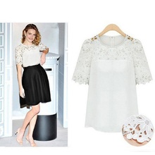 New spring 2016 shirts blouse stitching lace hollow women loose chiffon shirt plus size S M L XL XXL