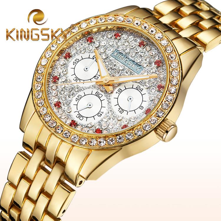 2015 Kingsky Diamond 3 Dials Gold Bracelet Watch Fashion Casual Lady Chain Wristwatch Red Rhinestone Clock