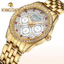 2015 Kingsky Diamond 3 Dials Gold Bracelet Watch Fashion Casual Lady Chain Wristwatch Red Rhinestone Clock