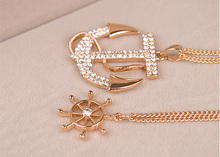 Fashion Women Chic Rhinestone Anchor Rubber Pendants Necklace Long Chain Sweater Necklace 2 Colors Crystal Free