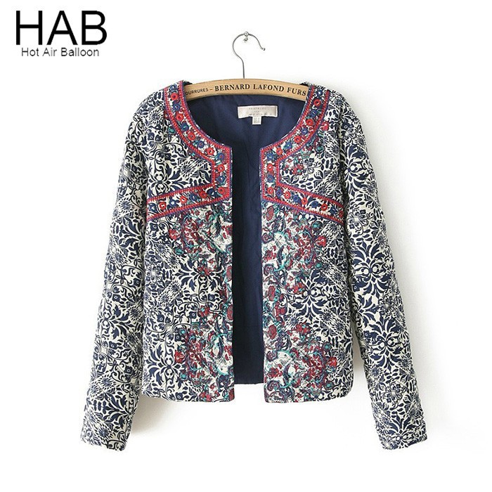 HAB Hot 2015 Winter Jackets Ethnic Style Blue and White Embroidery Cotton Casual Outerwear Open Stitch Coats Chaquetas Mujer 