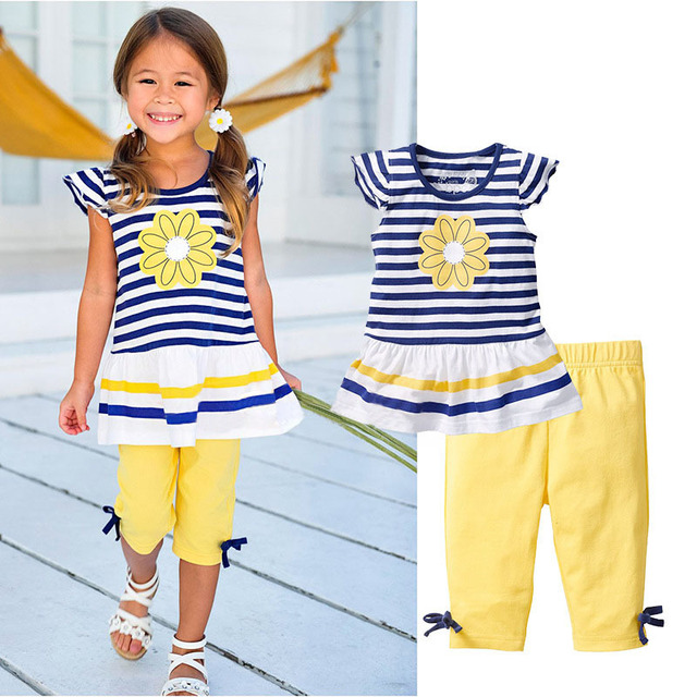Retail 2015 New Girls Clothing Sets Baby Kids Clothes Children Clothing 2 PCS Set Short Sleeve Striped T Shirt +Pants CF104 комплекты одежды для девочек