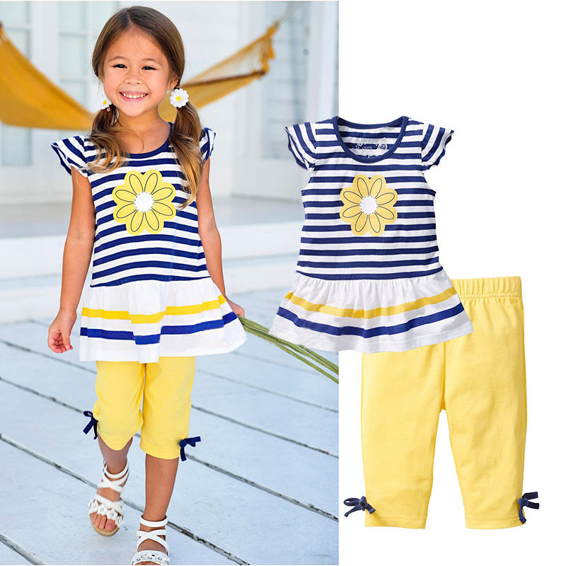 Retail 2015 New Girls Clothing Sets Baby Kids Clothes Children Clothing 2 PCS Set Short Sleeve Striped T Shirt +Pants CF104    