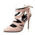 New Spring Summer Sandals WomenPumps Thin Heels Shoes Sexy Office Party Shoes Pointed Cross Lace Flock