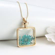 2015 Vintage Glass Collares Blue Dried Flower Crystal Square Pendant Necklace Gold Chain Statement Necklace Women