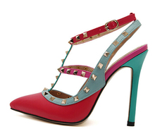 Size 35 40 New 2015 Brand Pointed Toe Rivets Shoes Woman High Heels Shoes blue red