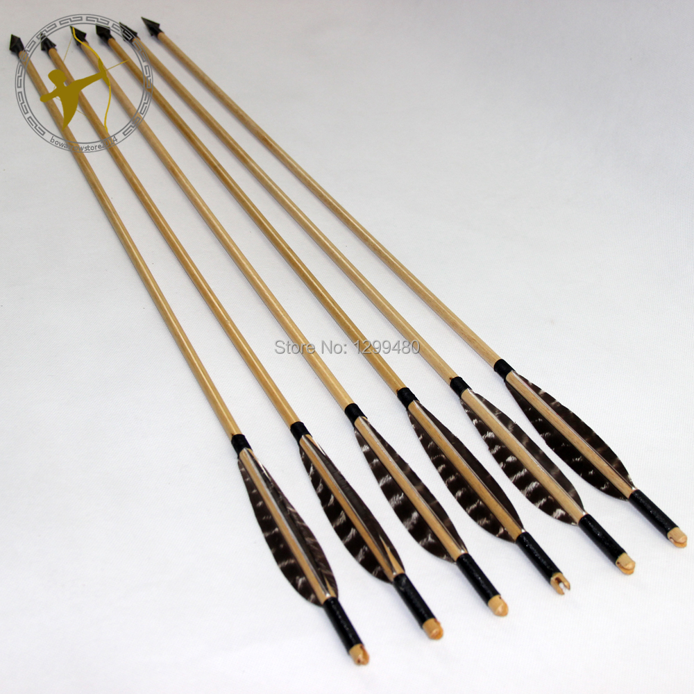 Free shipping 6 Pcs Hot Wood Shaft Hunting Arrows Archery Self Nocks Real Turkey Feather Fletching