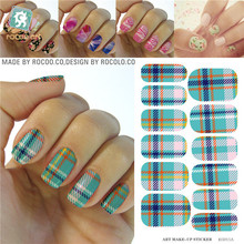 Blue Background White Orange font b Tartan b font Water Transfer Design Nails Stickers Manicure Styling