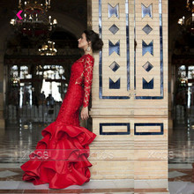 Celerity Long Sleeve Red Mermaid Evening Dress Sheer Ruffles Lace Long Prom Dresses Elegant Gowns Avondjurk 2016 SA185(China (Mainland))