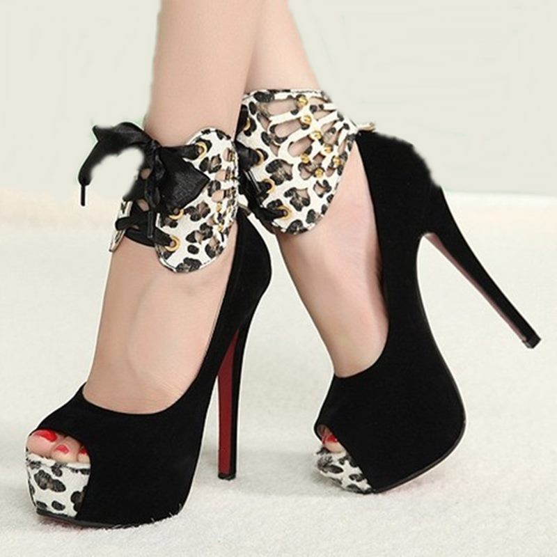 Big Size 9 Sexy Suede Leopard Ankle Strap High Heels Red Sole Peep ...