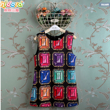 2016 spring new beautiful gem printing children vest dress girls sleeveless dress