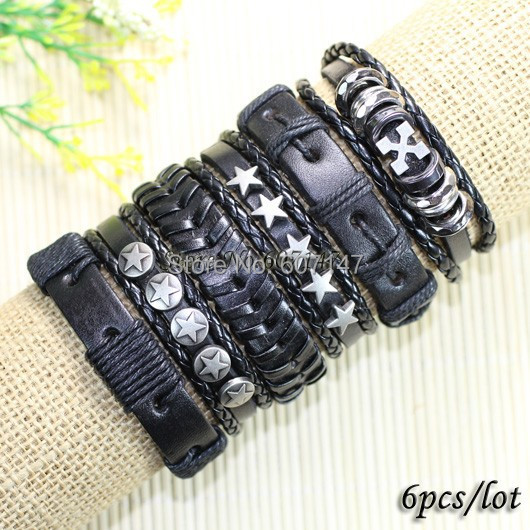 Wholesale 6pcs lot black genuine preto estrela male charm leather bracelets bangles men pulseira masculina jewelry