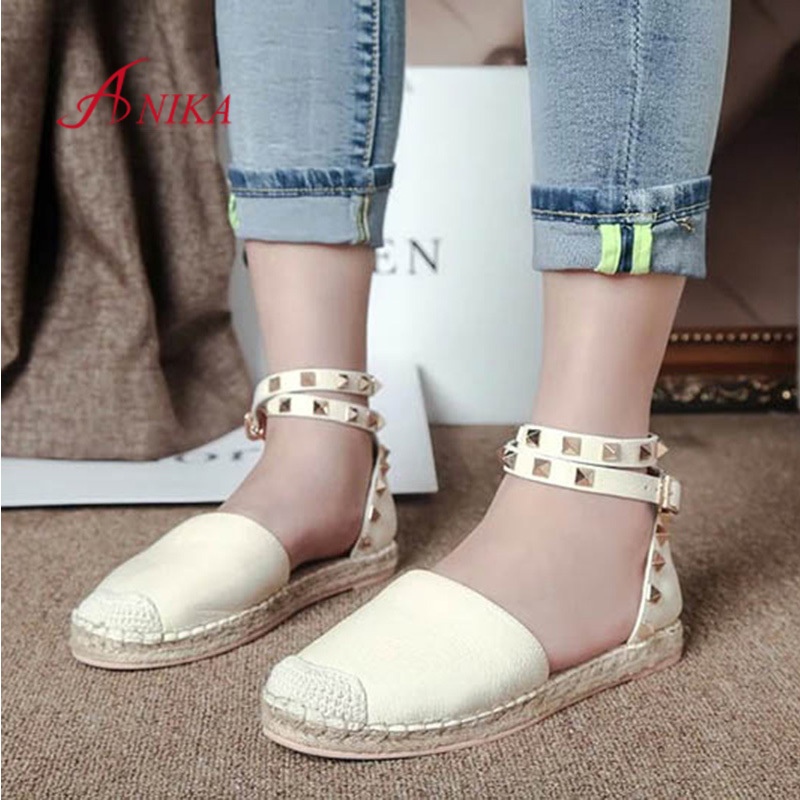 Fashion Rivets Women Flat Sandals 2015 Summer Ankle Strap Genuine Soft Leather V Brand Design Flats Espadrilles Shoes For Women