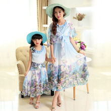 Family Matching Mother And Daughter Dress new 2016 teenage children summer floral dresses Bohemian fashion chiffon beach dress